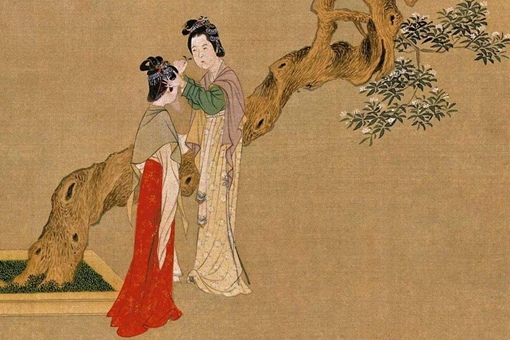 一幅绢本重彩仕女画,其实就是非常生动细致的描绘了汉代宫女的生活图